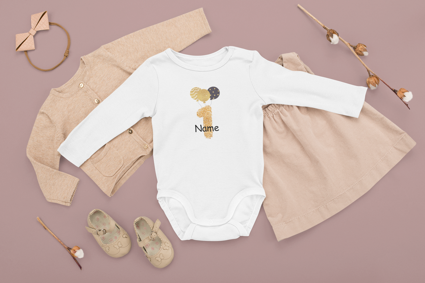 Golden Moments 1. Geburtstag personalisierbar - Baby Body Langarm